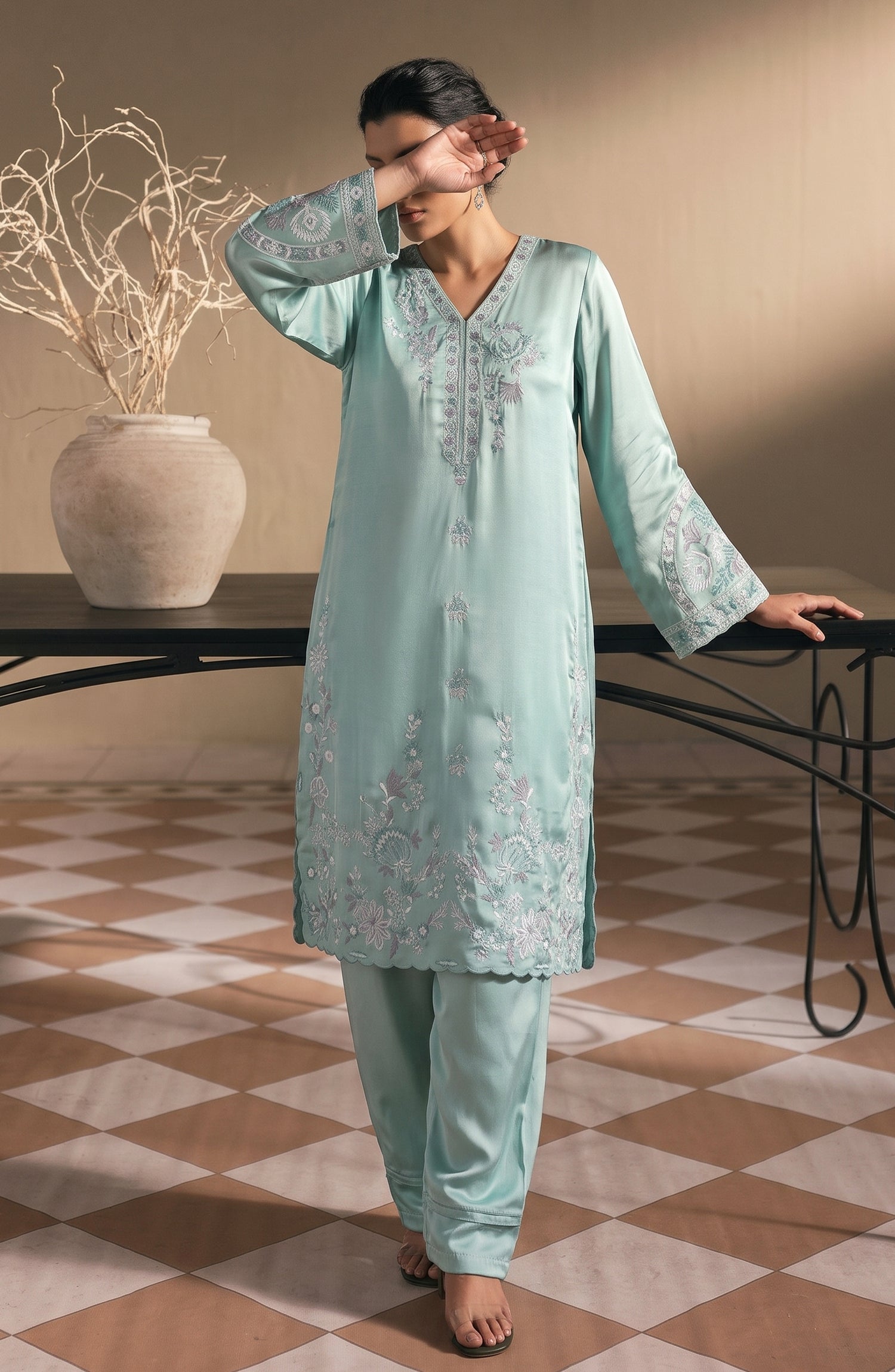 Jannah Noe by Amna Khadija Embroidered Silk Stitched 2 Piece Co-ord Set - JNLS-25 - AM26OEN - Blue - Summer Collection