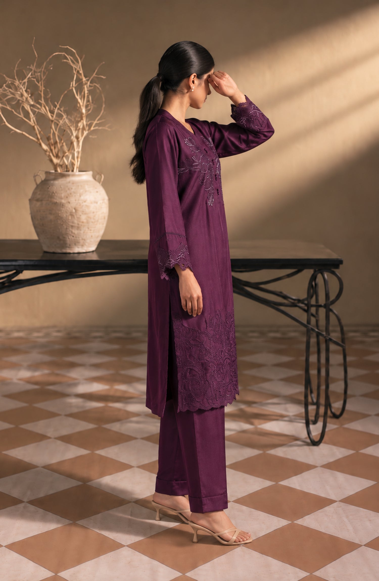 Jannah Noe by Amna Khadija Embroidered Silk Stitched 2 Piece Co-ord Set - JNLS-26 - AM26OEN - Purple - Summer Collection
