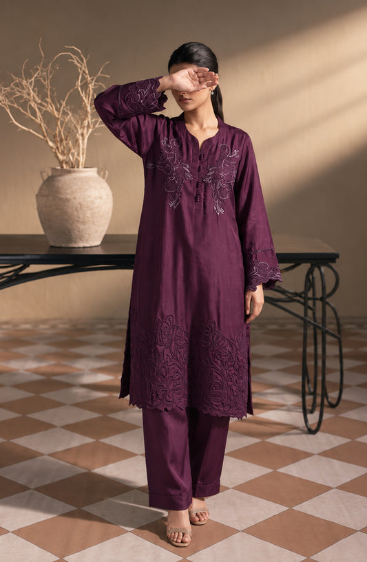 Jannah Noe by Amna Khadija Embroidered Silk Stitched 2 Piece Co-ord Set - JNLS-26 - AM26OEN - Purple - Summer Collection