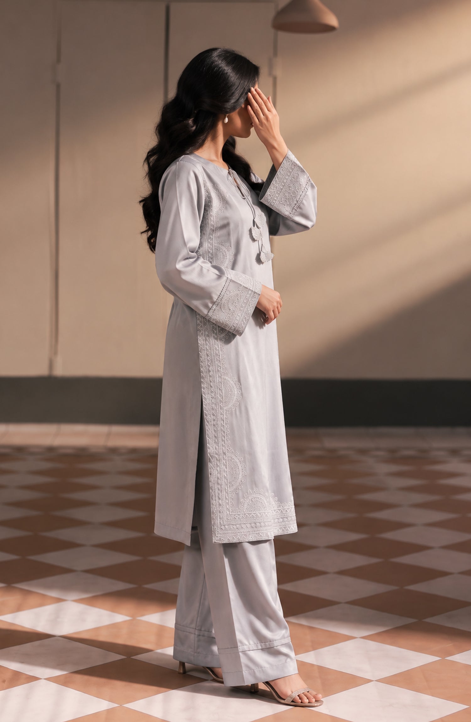 Jannah Noe by Amna Khadija Embroidered Silk Stitched 2 Piece Co-ord Set - JNLS-28 - AM26OEN - Grey - Summer Collection