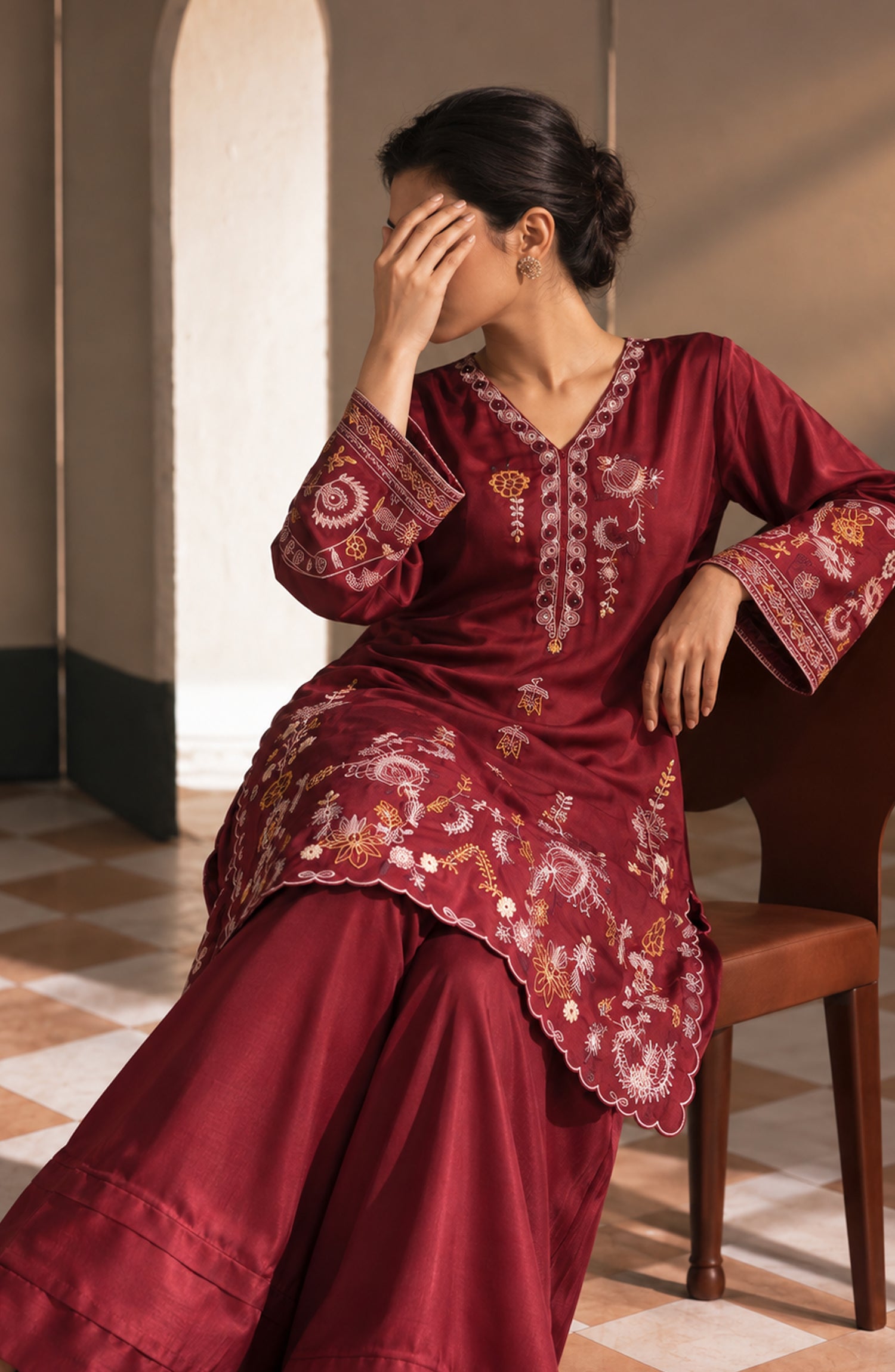 Jannah Noe by Amna Khadija Embroidered Silk Stitched 2 Piece Co-ord Set - JNLS-31 - AM26OEN - Red - Summer Collection
