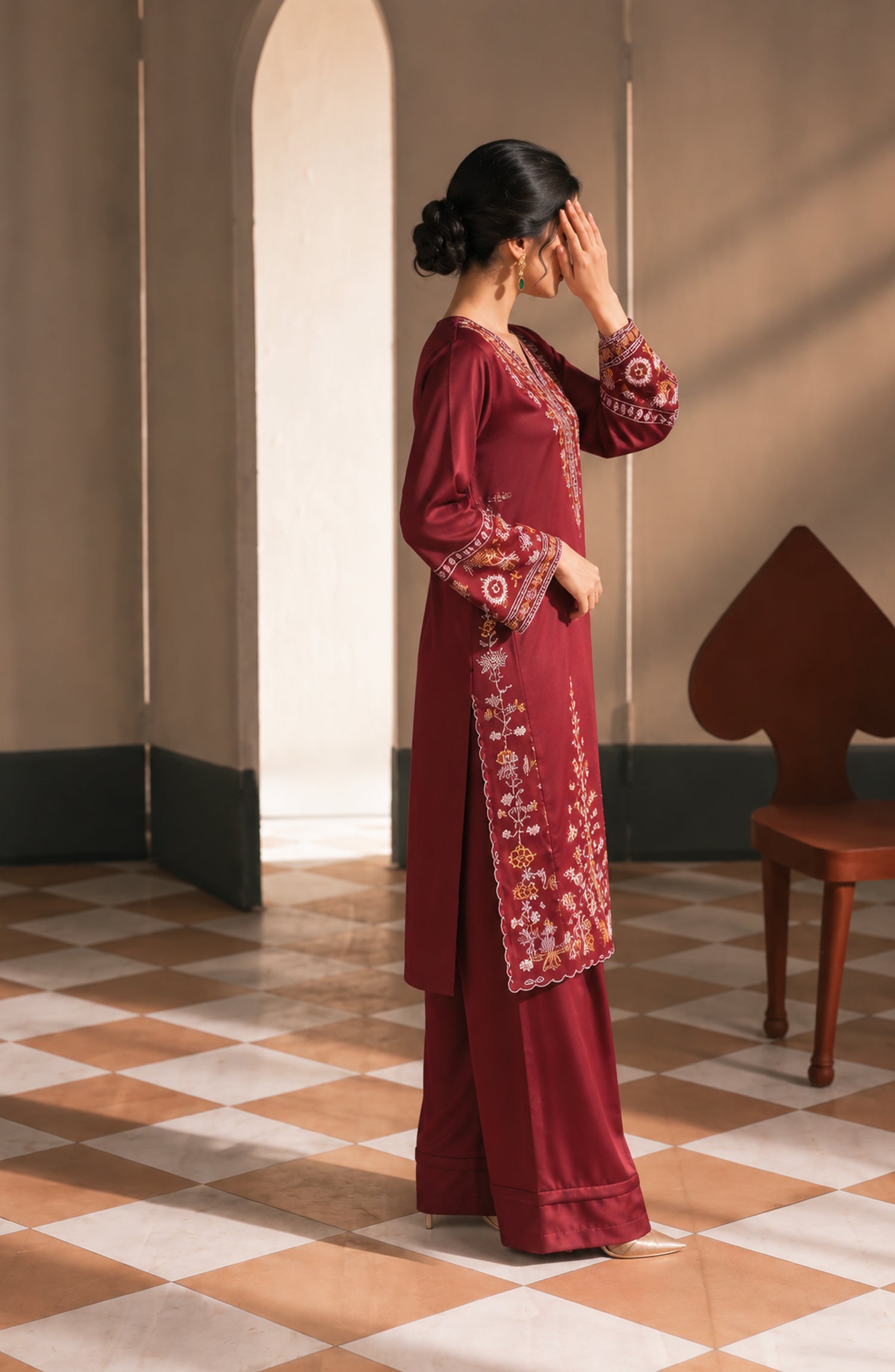 Jannah Noe by Amna Khadija Embroidered Silk Stitched 2 Piece Co-ord Set - JNLS-31 - AM26OEN - Red - Summer Collection