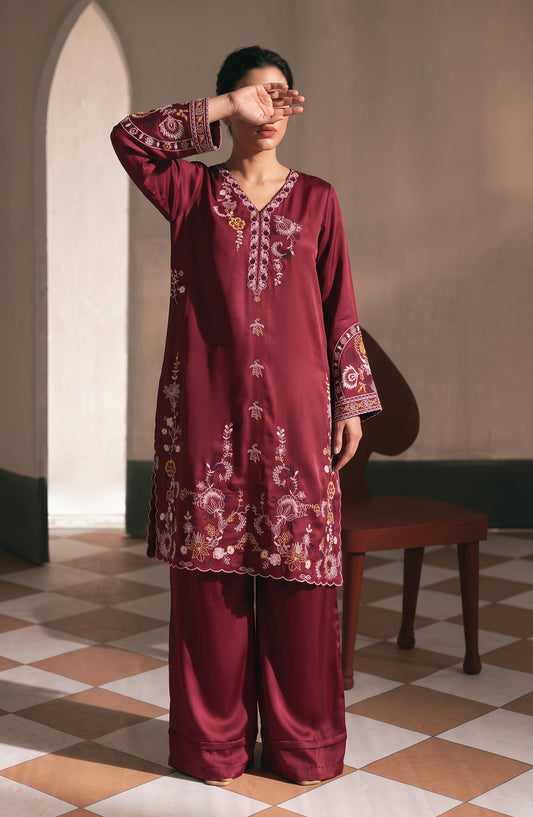 Jannah Noe by Amna Khadija Embroidered Silk Stitched 2 Piece Co-ord Set - JNLS-31 - AM26OEN - Red - Summer Collection