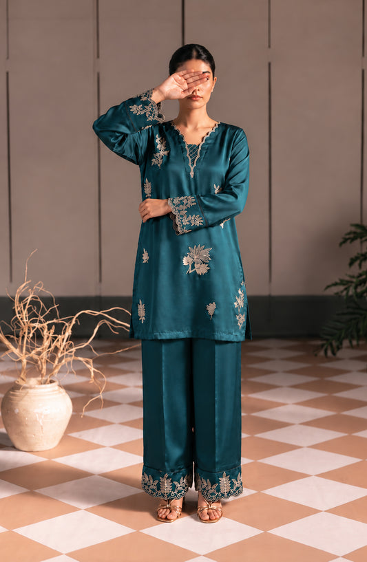 Jannah Noe by Amna Khadija Embroidered Silk Stitched 2 Piece Co-ord Set - JNLS-29 - AM26OEN - Teal - Summer Collection