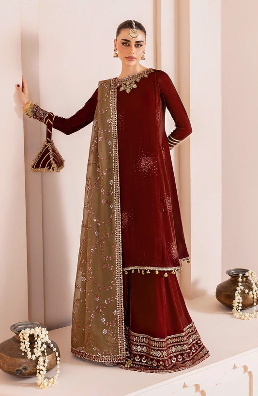 Jazmin Chandani Luxury Embroidered Velvet Unstitched 3 Piece Suit - CVF D-07 - JZ25CHN - Rust - Formals Collection