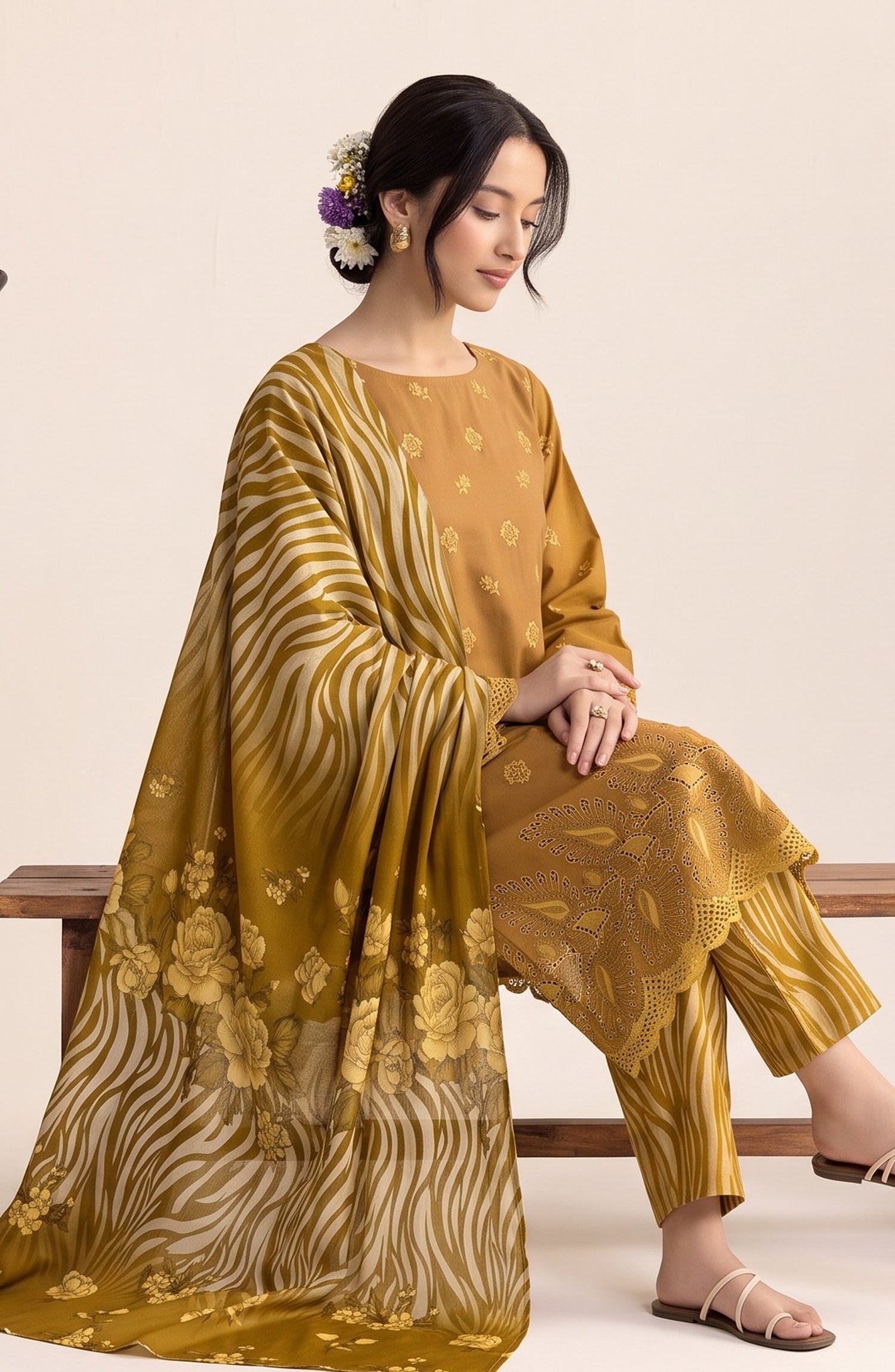 Jeem by Al Karim Chikankari Khaddar Unstitched 3 Piece Suit - D-04 - AK26KJ - Mustard - Winter Collection