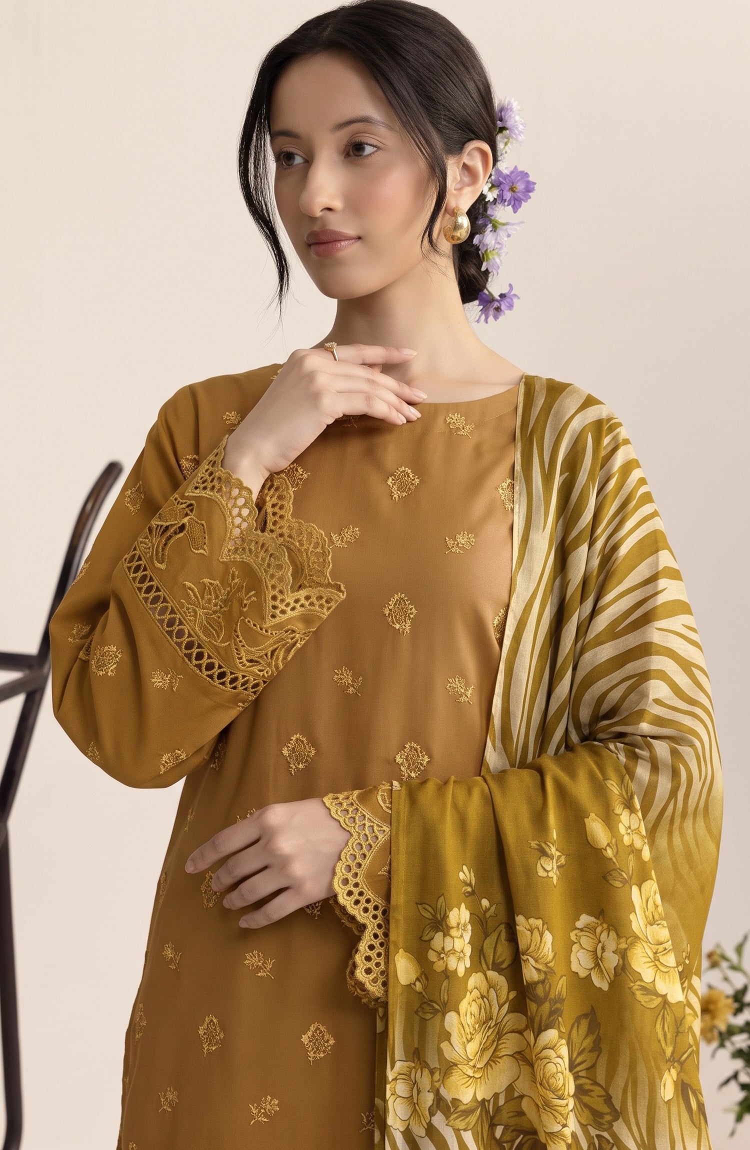 Jeem by Al Karim Chikankari Khaddar Unstitched 3 Piece Suit - D-04 - AK26KJ - Mustard - Winter Collection