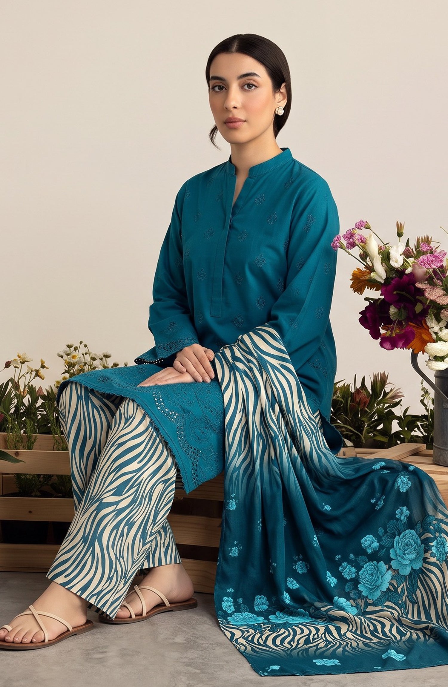 Jeem by Al Karim Chikankari Khaddar Unstitched 3 Piece Suit - D-06 - AK26KJ - Teal - Winter Collection