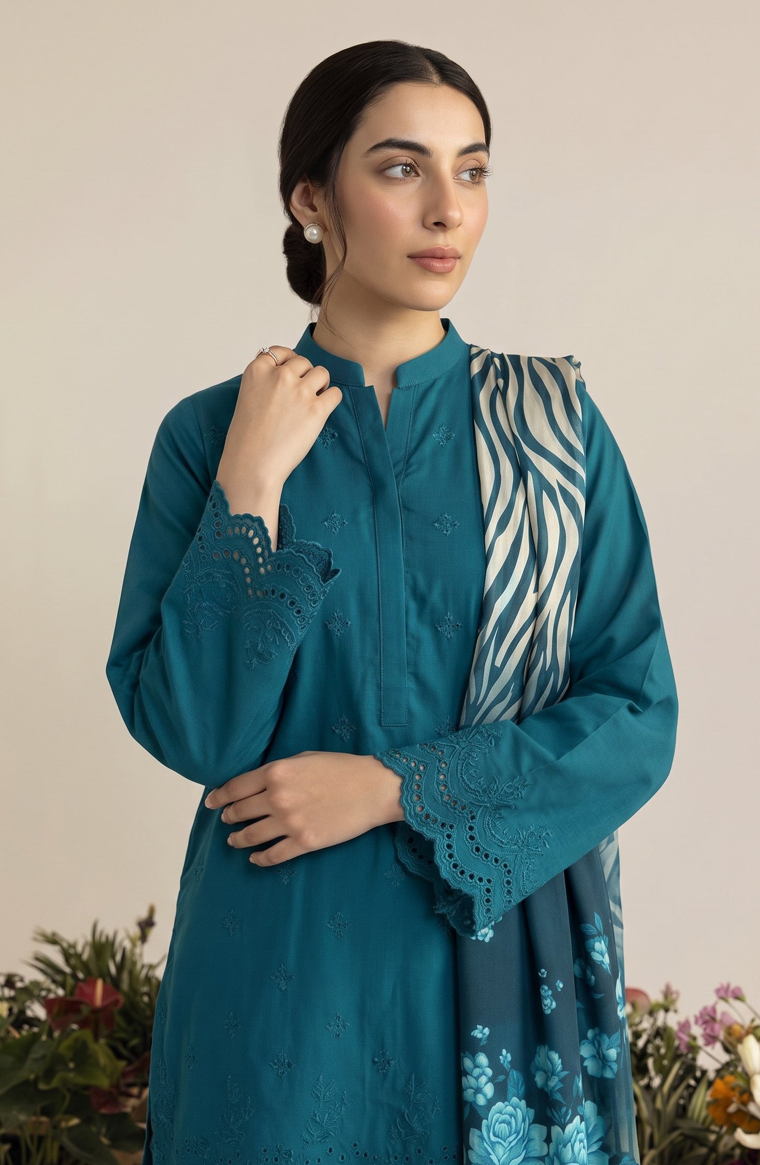 Jeem by Al Karim Chikankari Khaddar Unstitched 3 Piece Suit - D-06 - AK26KJ - Teal - Winter Collection