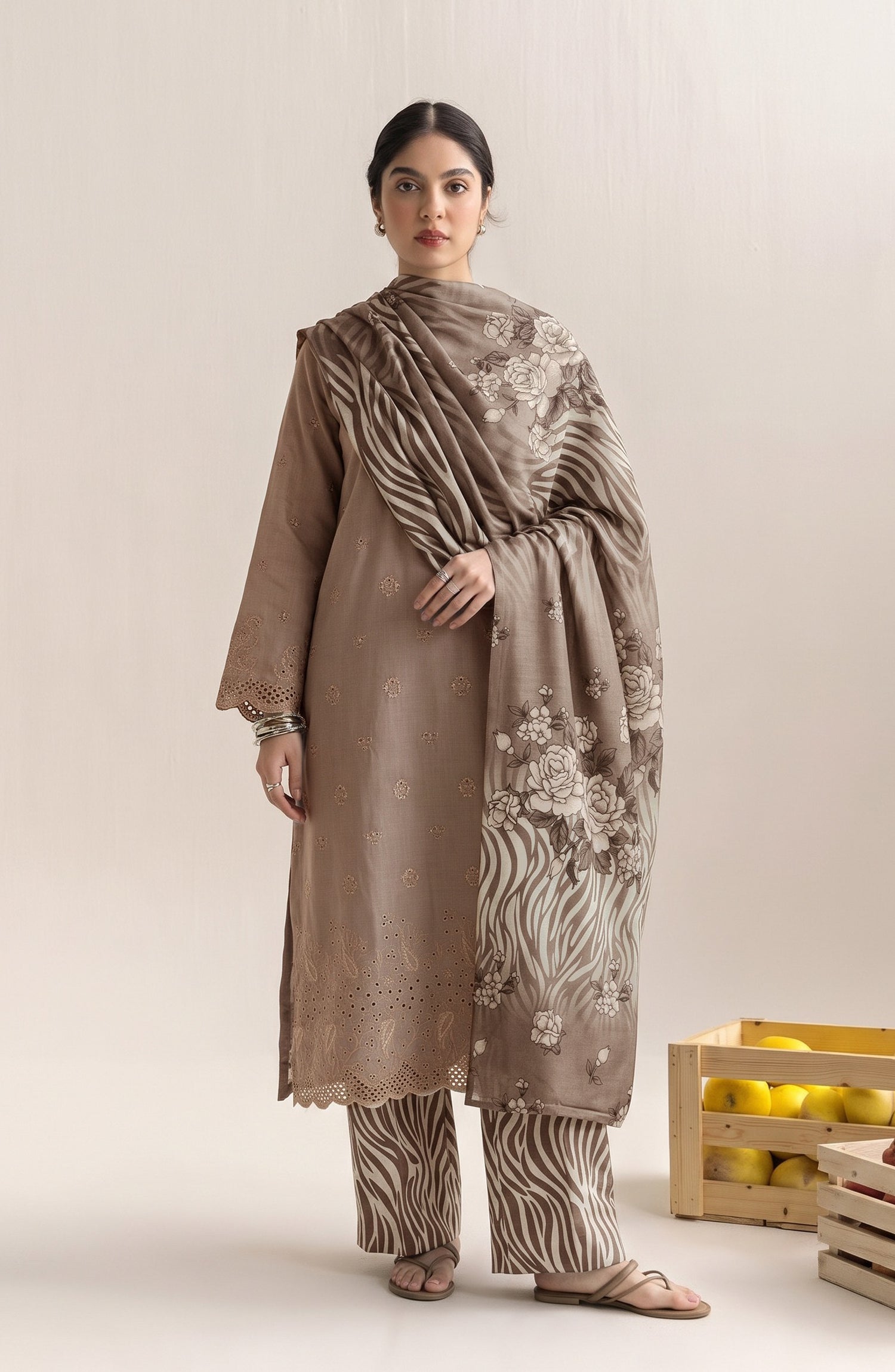 Jeem by Al Karim Chikankari Khaddar Unstitched 3 Piece Suit - D-08 - AK26KJ - Beige - Winter Collection
