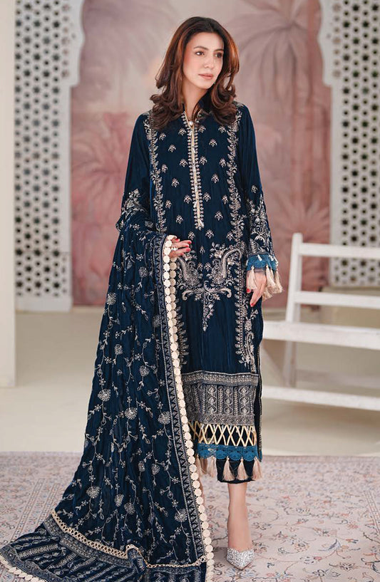 Johra Signature Premium Embroidered Velvet Unstitched 3 Piece Suit - JW-609 - JH25SGN - Blue - Winter Collection