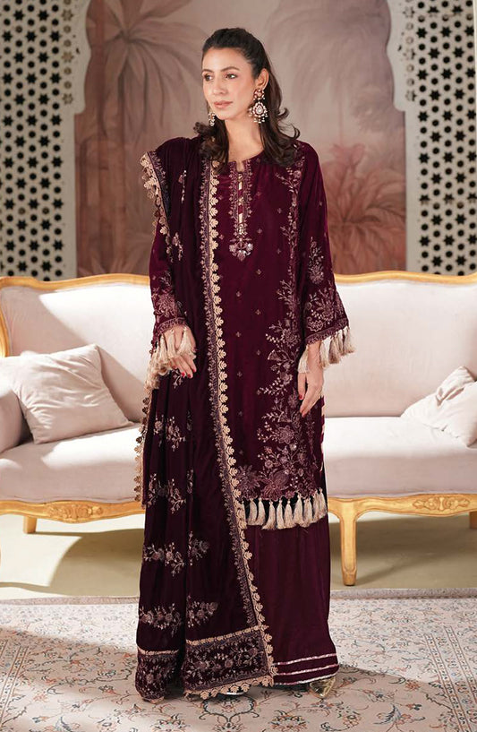 Johra Signature Premium Embroidered Velvet Unstitched 3 Piece Suit - JW-607 - JH25SGN - Maroon - Winter Collection