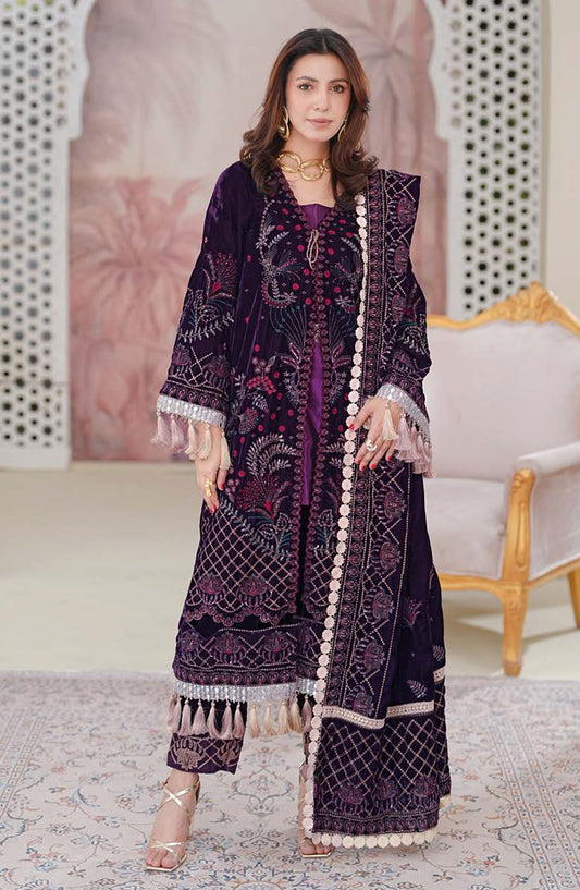 Johra Signature Premium Embroidered Velvet Unstitched 3 Piece Suit - JW-605 - JH25SGN - Purple - Winter Collection