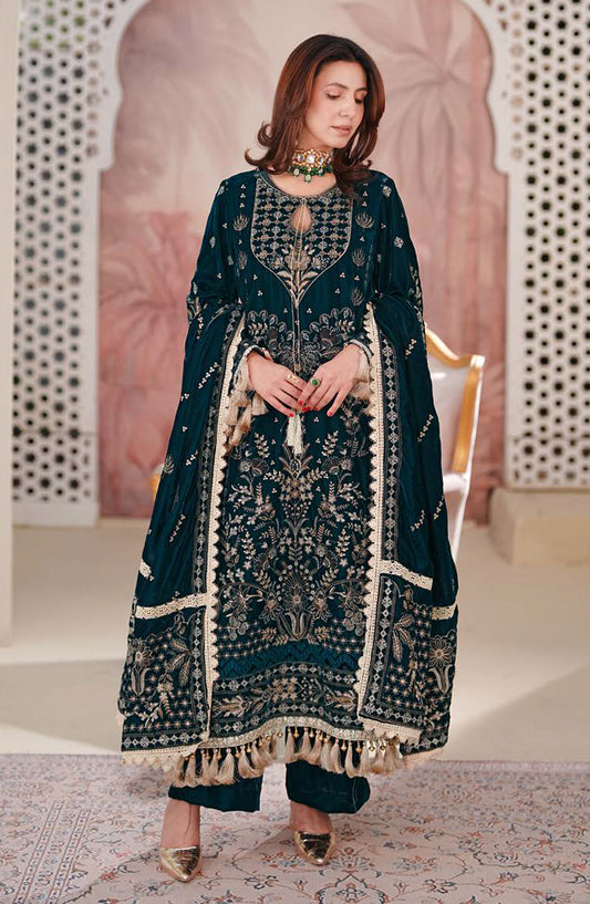 Johra Signature Premium Embroidered Velvet Unstitched 3 Piece Suit - JW-602 - JH25SGN - Teal - Winter Collection