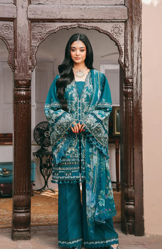 Kahf Ek Fasana Luxury Embroidered Lawn Unstitched 3 Piece Suit - 5A -Morni - KHP26FS - Teal - Festive Collection