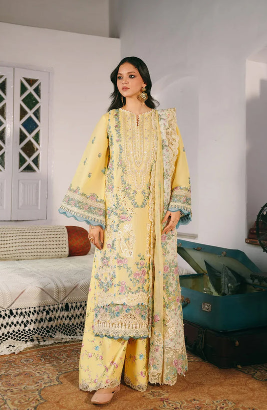 Kahf Ek Fasana Luxury Embroidered Lawn Unstitched 3 Piece Suit - 2B -Muskaan - KHP26FS - Yellow - Festive Collection