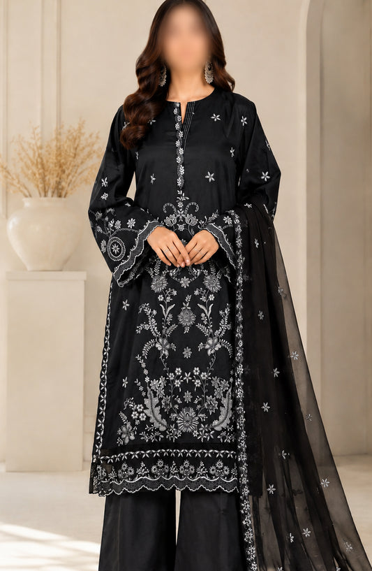 Kajal Monochrome by Amna Khadija Embroidered Lawn Stitched 3 Piece Suit - AKKJ-03 - AM26KKJ - Black - Summer Collection