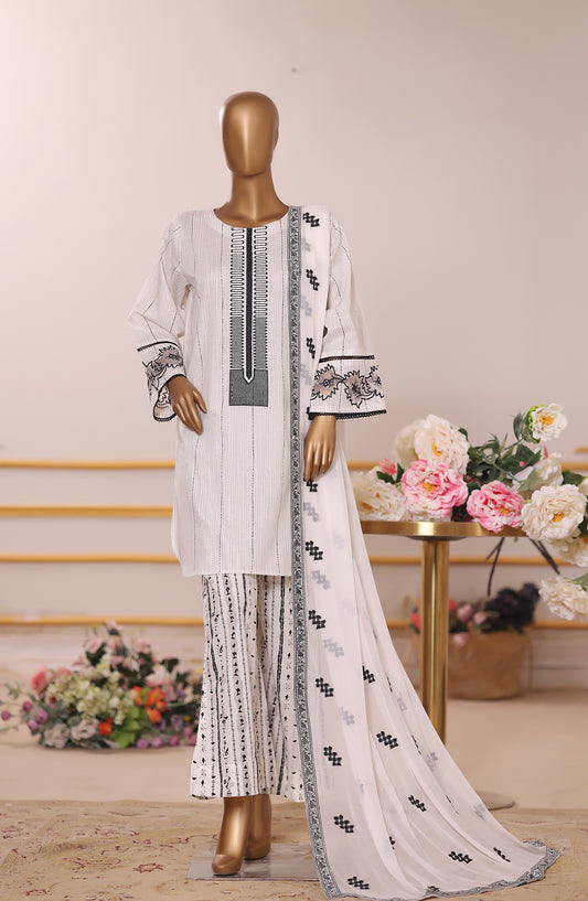 Khombi Embroidered Cotton Stitched 3 Piece Suit - Design-04 - KHM25CT - Off White - Formals Collection