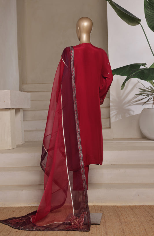 Khombi by Paisley Embroidered Raw Silk Stitched 3 Piece Suit - Delight-A - KHM25PS - Red - Festive Collection