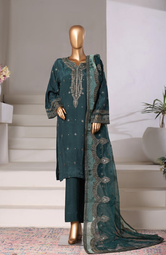 Khombi Embroidered Raw Silk Stitched 3 Piece Suit - Design-04 - KHM25RSL - Green - Formal Collection