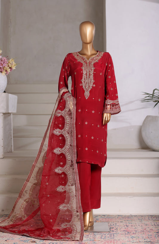 Khombi Embroidered Raw Silk Stitched 3 Piece Suit - Design-03 - KHM25RSL - Red - Formal Collection