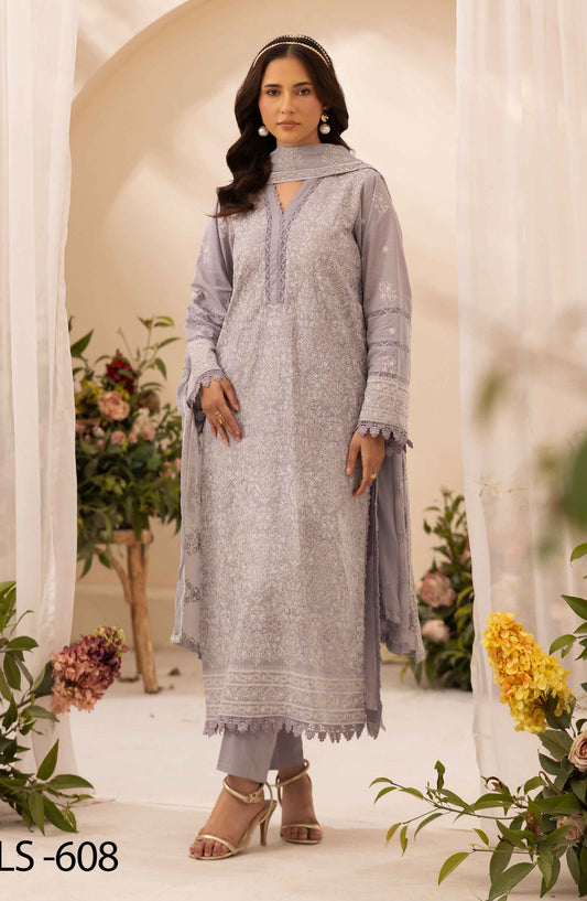 Khoobsurat by Al Karim Embroidered Lawn Unstitched 3 Piece Suit - LS-608 - AK26LW - Grey - Summer Collection