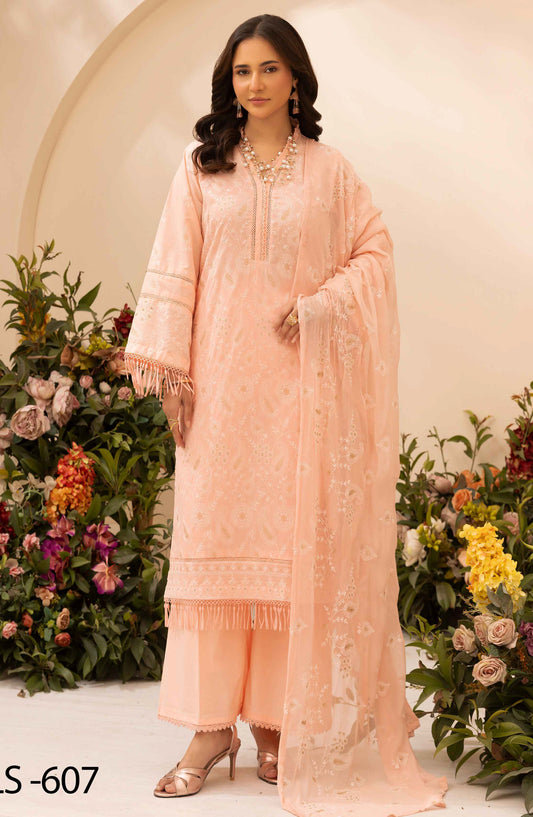 Khoobsurat by Al Karim Embroidered Lawn Unstitched 3 Piece Suit - LS-607 - AK26LW - Peach - Summer Collection