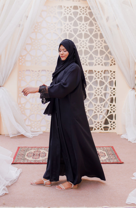 La Khilaba Festive Wear Embroidered Premium Quality Nida - Black Embellished Sleeves Abaya - LKH25FSW - Abaya Collection