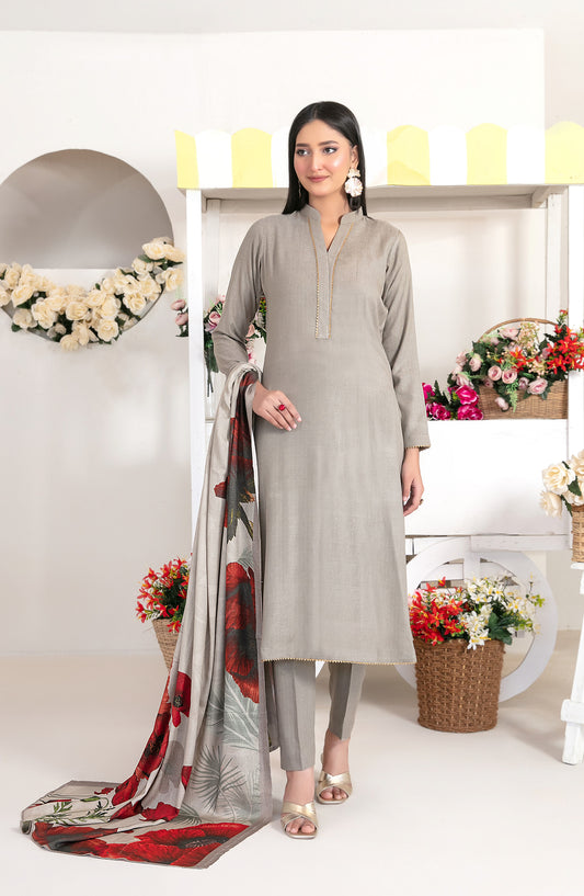 Laila by Tawakkal Fabrics Fancy Printed Leather Peach Unstitched 3 Piece Suit - D-4717 - TF25LAI - Grey - Winter Collection