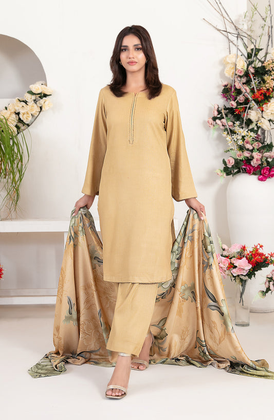 Laila by Tawakkal Fabrics Fancy Printed Leather Peach Unstitched 3 Piece Suit - D-4716 - TF25LAI - Yellow - Winter Collection