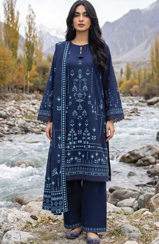 Lakhany Printed Pashmina Unstitched 3 Piece Suit - D-12 - LKN26PS - Blue - Winter Collection