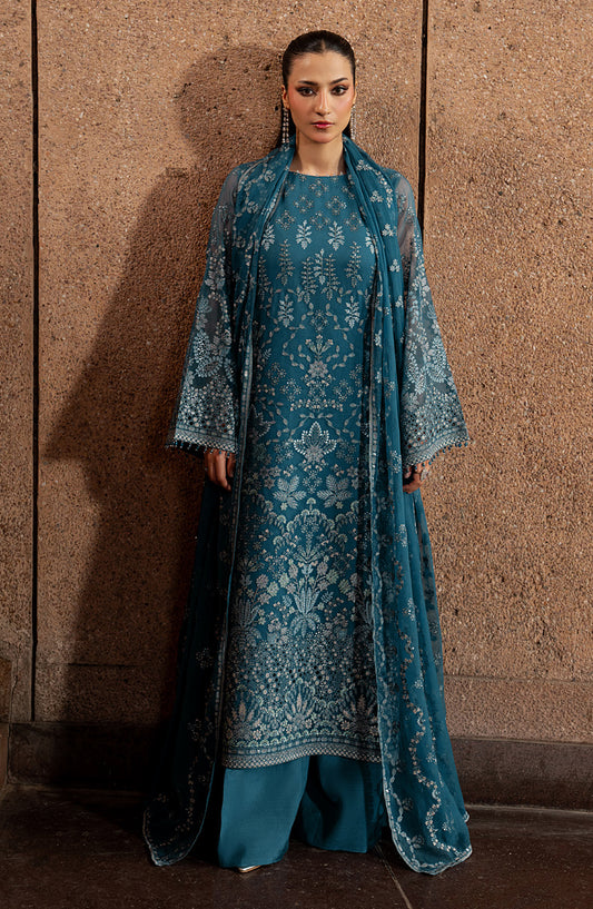 Lazawal by Lamisah Embroidered Chiffon Unstitched 3 Piece Suit - D-05 Teal Essence - LP26LZL - Formal Collection
