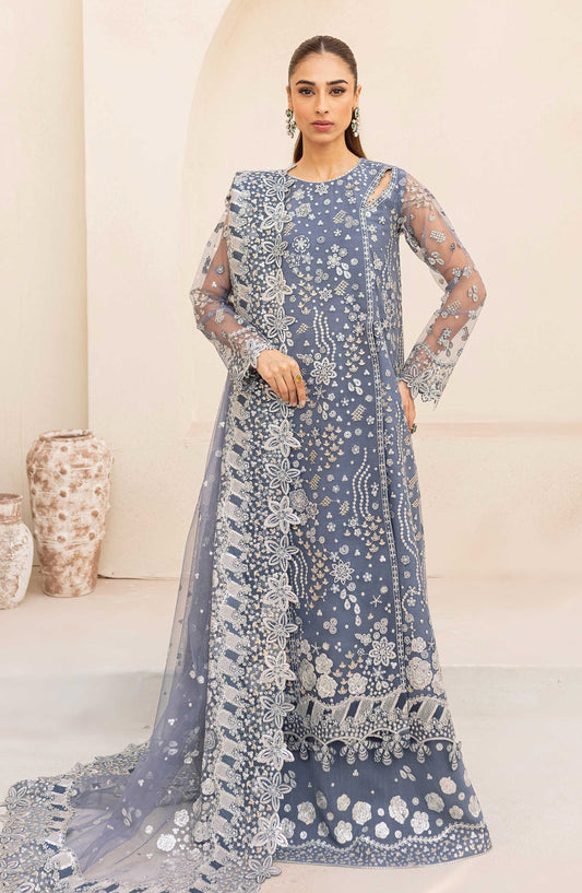 Lu Zella by Farasha Premium Embroidered Net Unstitched 3 Piece Suit - 08-Dusky Shadow - FSH25LZ - Blue - Formals Collection
