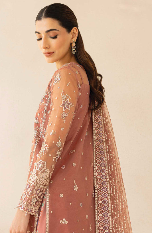 Lu Zella by Farasha Premium Embroidered Net Unstitched 3 Piece Suit - 07-Vintage Rose - FSH25LZ - Peach - Formals Collection