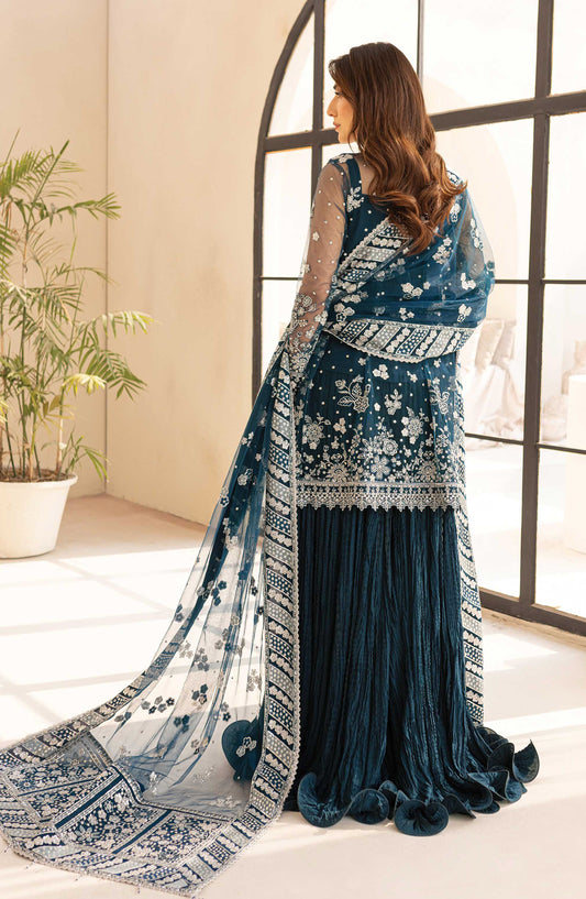 Lu Zella by Farasha Premium Embroidered Net Unstitched 3 Piece Suit - 04-Teal Drizzle - FSH25LZ - Teal - Formals Collection
