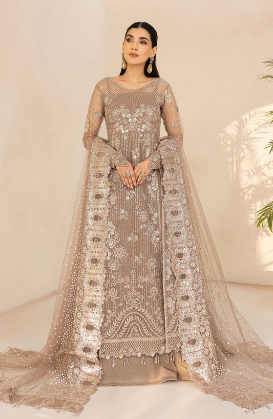 Lu Zella by Farasha Premium Embroidered Net Unstitched 3 Piece Suit - 03-Misty Grace - FSH25LZ - Beige - Formals Collection