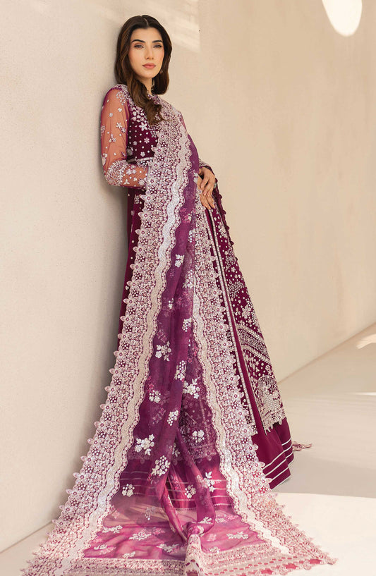 Lu Zella by Farasha Premium Embroidered Net Unstitched 3 Piece Suit - 02-Merlot Dust - FSH25LZ - Purple - Formals Collection