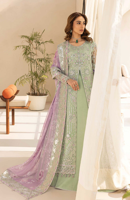 Lu Zella by Farasha Premium Embroidered Net Unstitched 3 Piece Suit - 01-Sage Luxe - FSH25LZ - Pista Green - Formals Collection