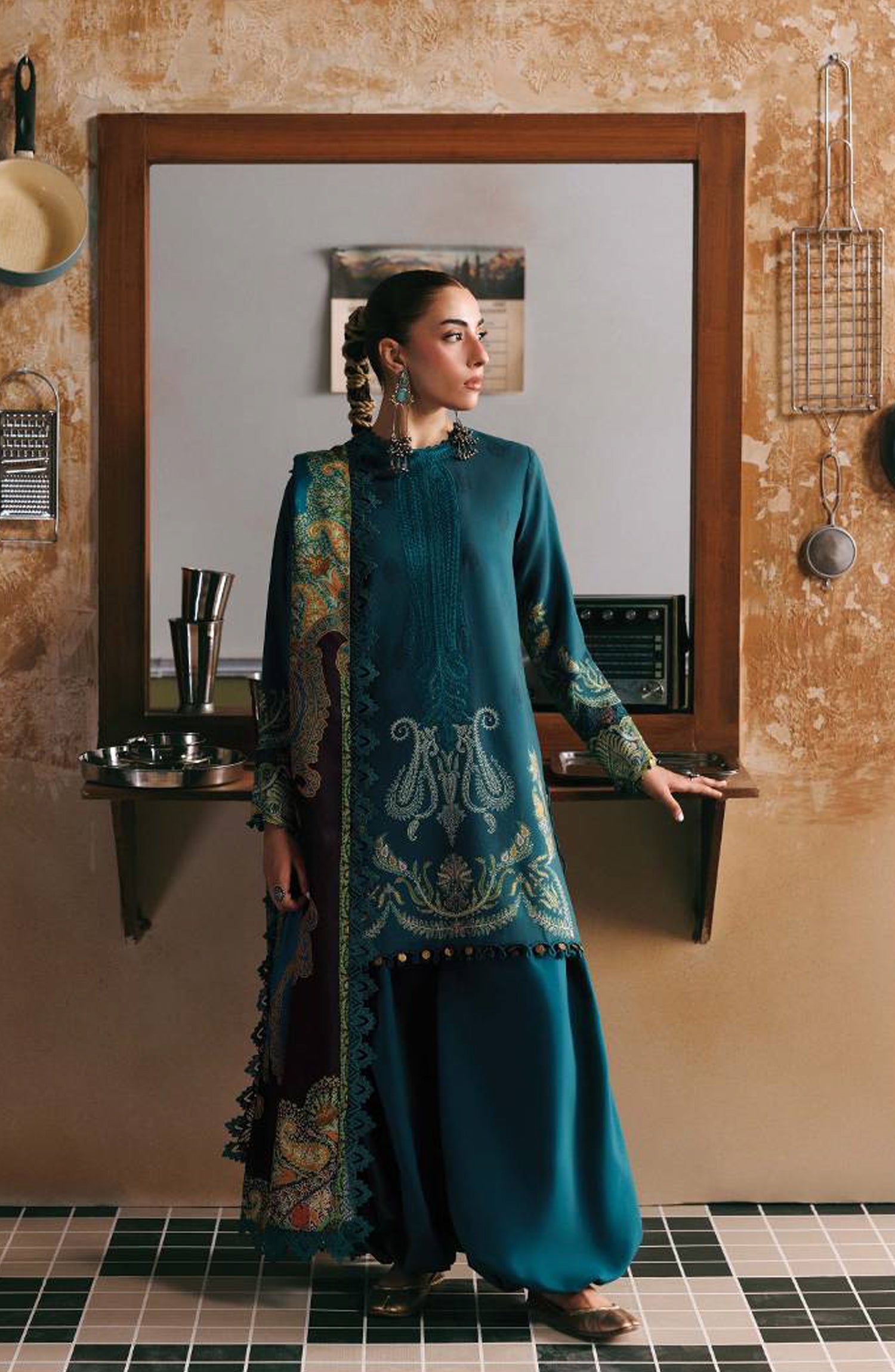 M. Basics Embroidered Linen Unstitched 3 Piece Suit - D011A - MB26AST - Teal - Winter Collection