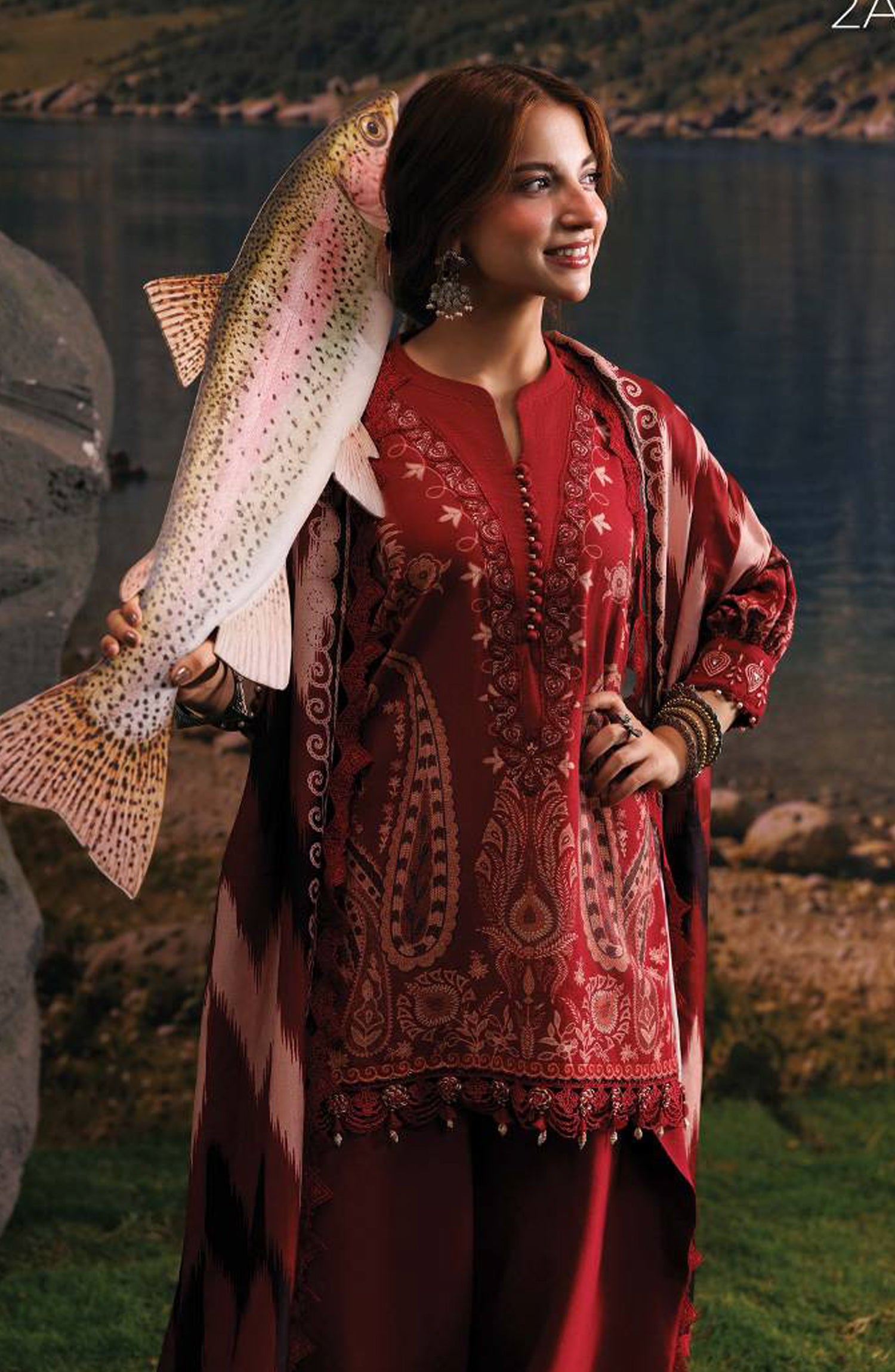 M. Basics Embroidered Slub Khaddar Unstitched 3 Piece Suit - D02A - MB26AST - Red - Winter Collection