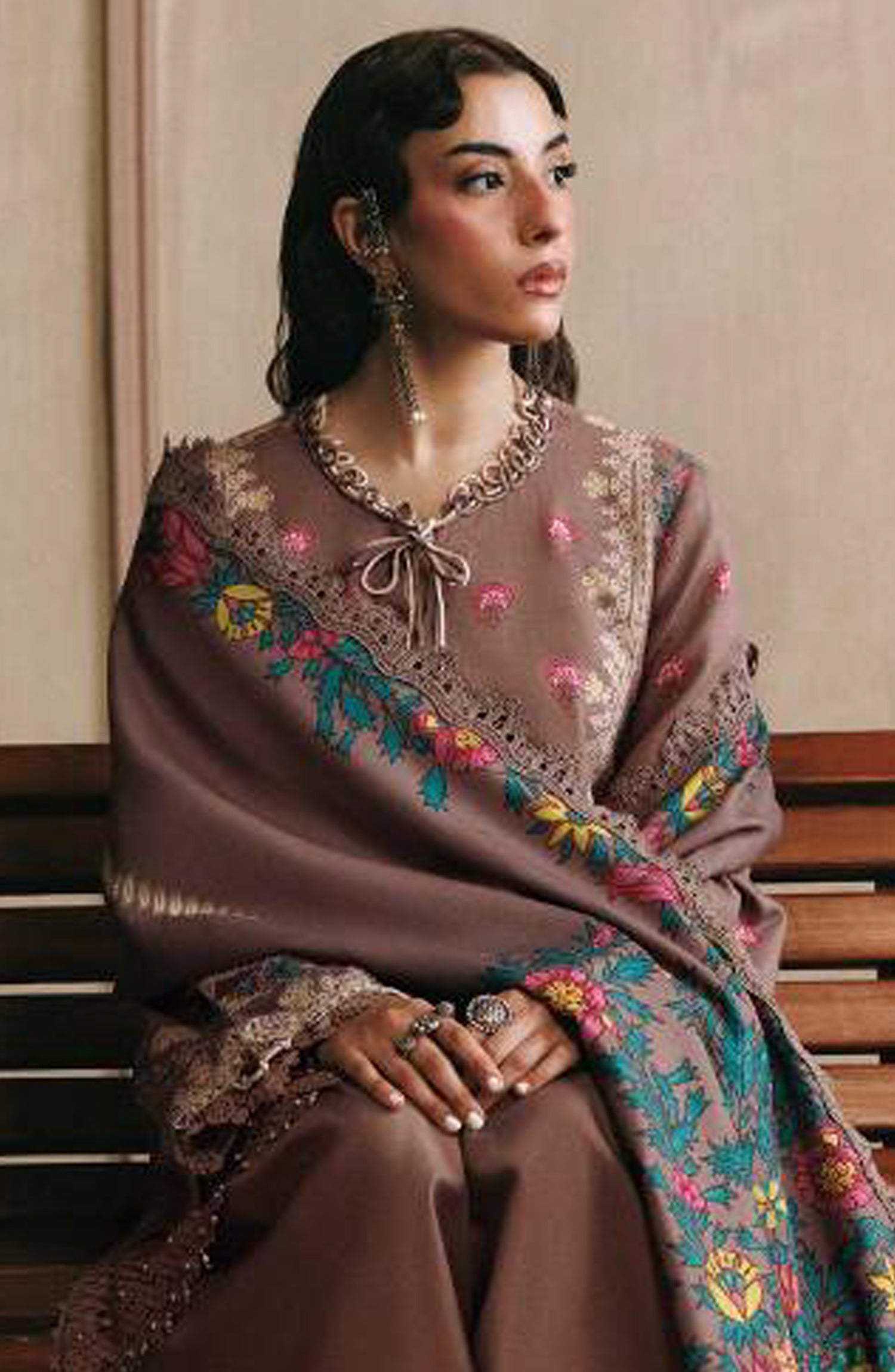 M. Basics Embroidered Slub Khaddar Unstitched 3 Piece Suit - D03A - MB26AST - Mauve - Winter Collection