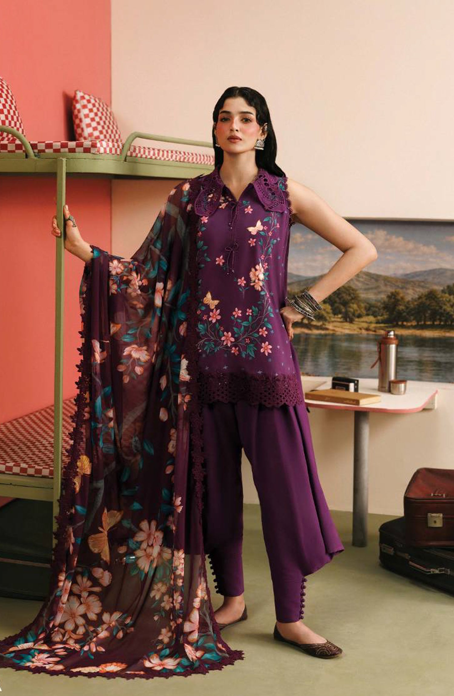 M. Basics Embroidered Linen Unstitched 3 Piece Suit - D07A - MB26AST - Purple - Winter Collection
