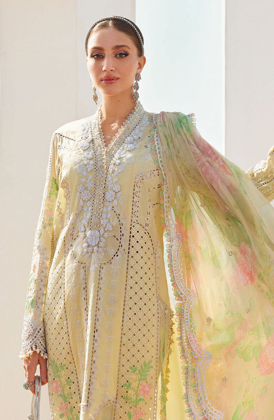 Maria B Embroidered Luxury Lawn Unstitched 3 Piece Suit - MB25LL - D-04 - Light Yellow - Summer Collection