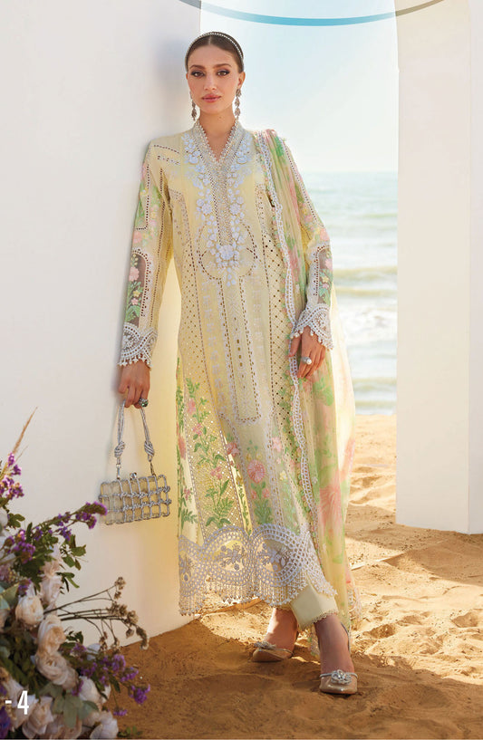 Maria B Embroidered Luxury Lawn Unstitched 3 Piece Suit - MB25LL - D-04 - Light Yellow - Summer Collection