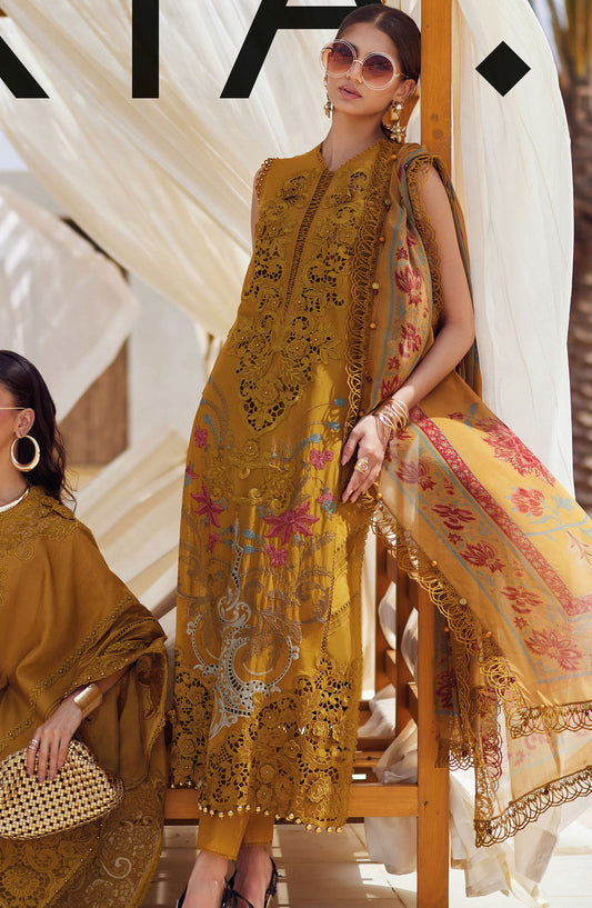 Maria B Embroidered Luxury Lawn Unstitched 3 Piece Suit - MB25LL - D-06 - Mustard - Summer Collection