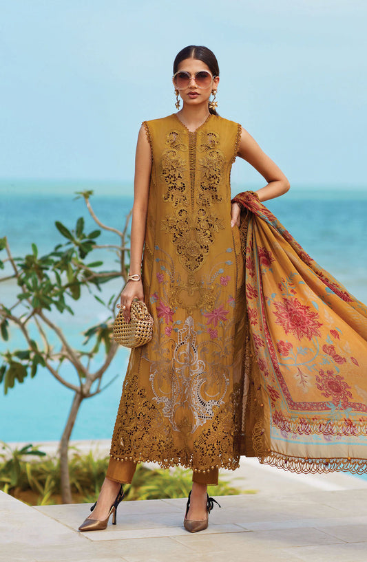 Maria B Embroidered Luxury Lawn Unstitched 3 Piece Suit - MB25LL - D-06 - Mustard - Summer Collection