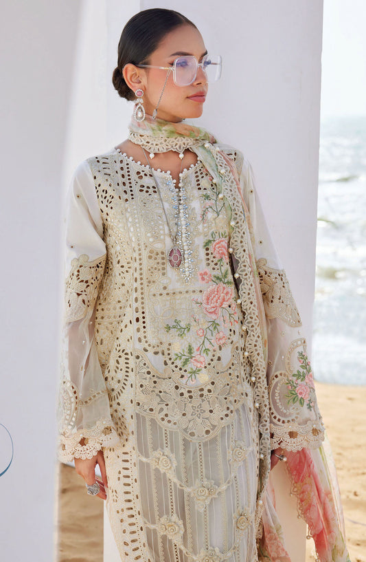 Maria B Embroidered Luxury Lawn Unstitched 3 Piece Suit - MB25LL - D-07 - Cream - Summer Collection