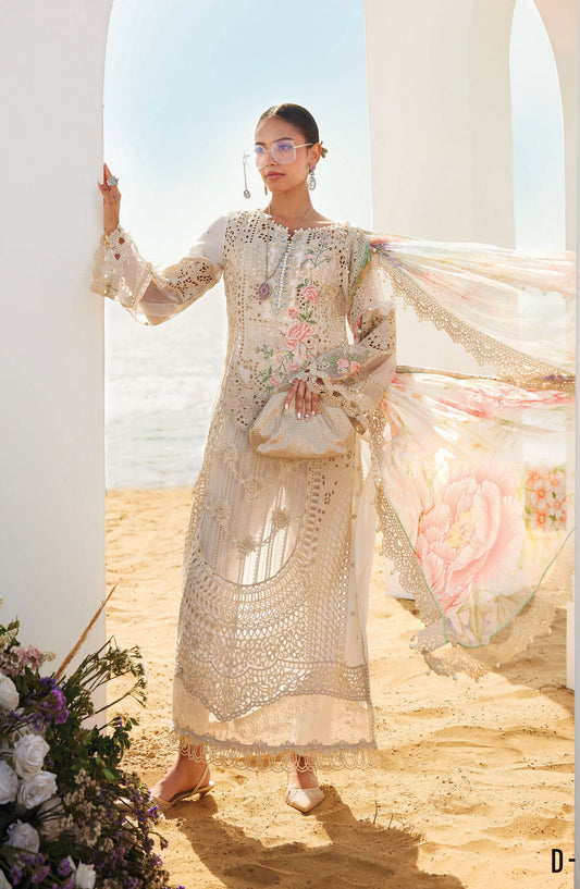 Maria B Embroidered Luxury Lawn Unstitched 3 Piece Suit - MB25LL - D-07 - Cream - Summer Collection