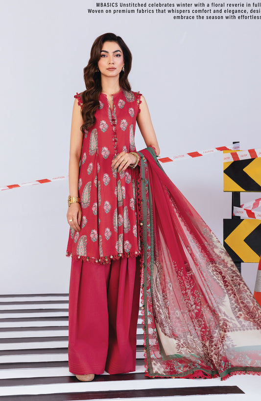 M Basics Digital Printed Linen Unstitched 3 Piece Suit - 10A - MB25BSW - Pink - Winter Collection