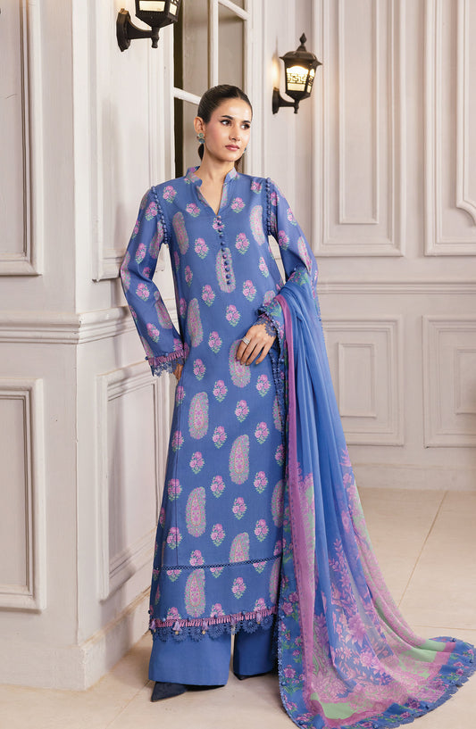M Basics Digital Printed Linen Unstitched 3 Piece Suit - 10B - MB25BSW - Blue - Winter Collection
